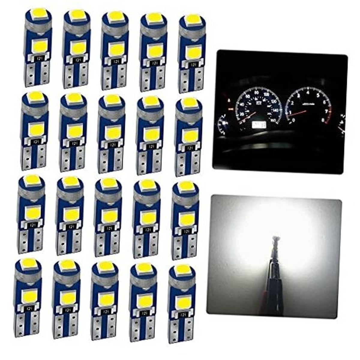 20-pack T5 LED dashboard bulbs with blue base and yellow LED chips
