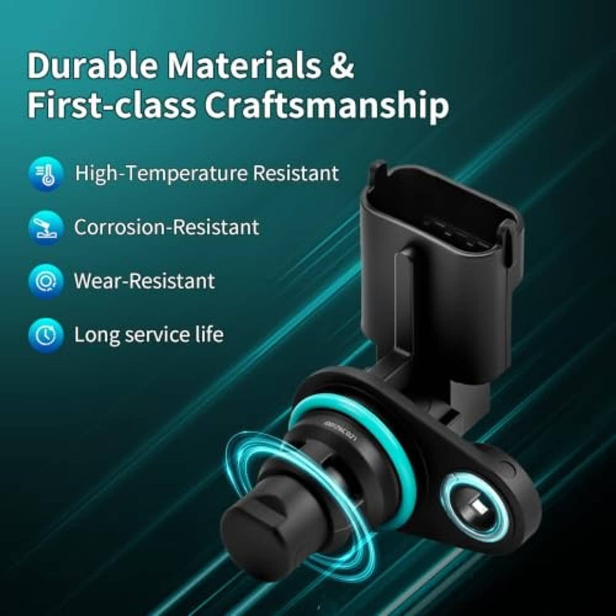 Black camshaft position sensor render with blue seal ring and durable materials callouts