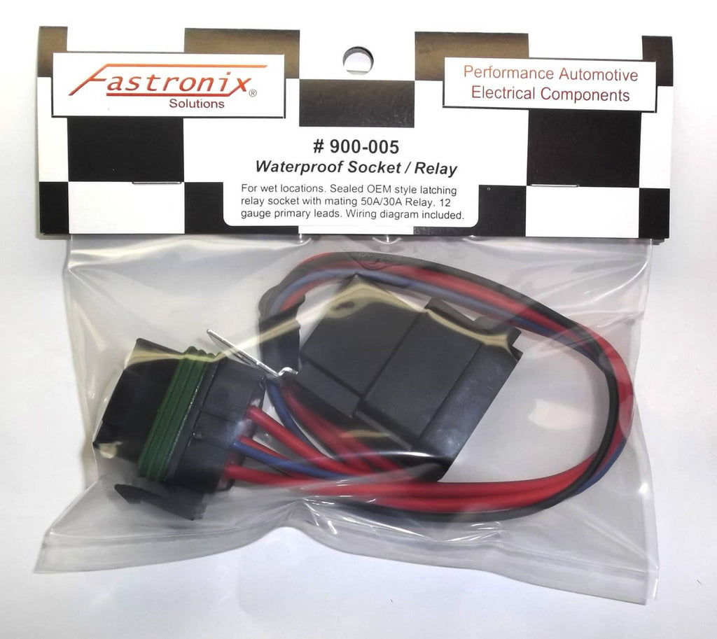 Weatherproof automotive relay socket kit with black housing and bundled red and blue wires