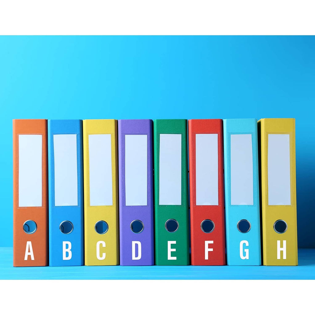 Color-coded sheets holding white self-adhesive letter and number vinyl stickers