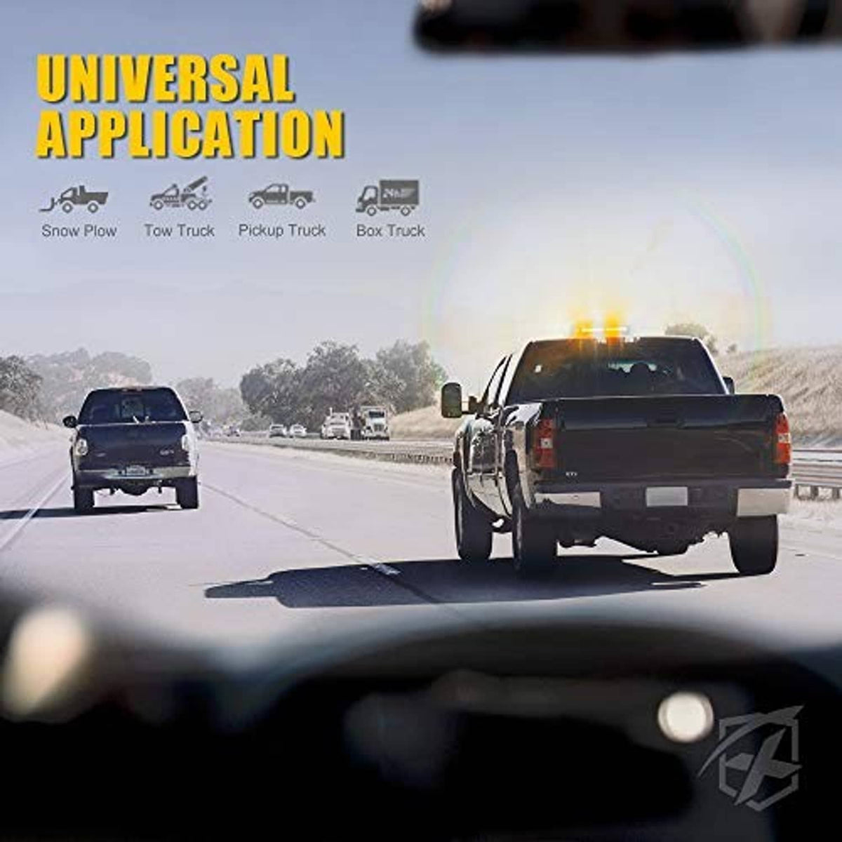 Amber LED strobe light bar on a vehicle roof, flashing for roadside visibility