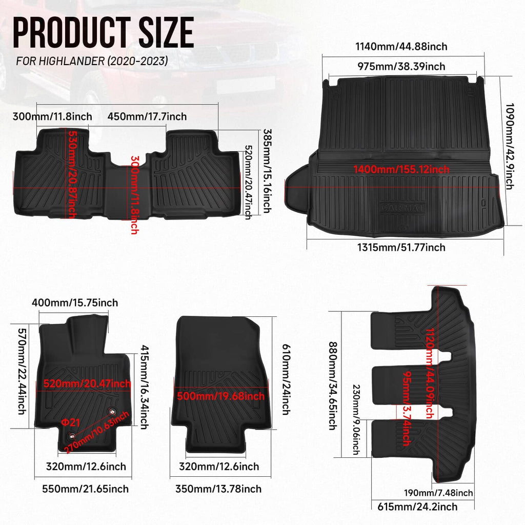 Product size chart with black floor mat shapes and measurements for Highlander