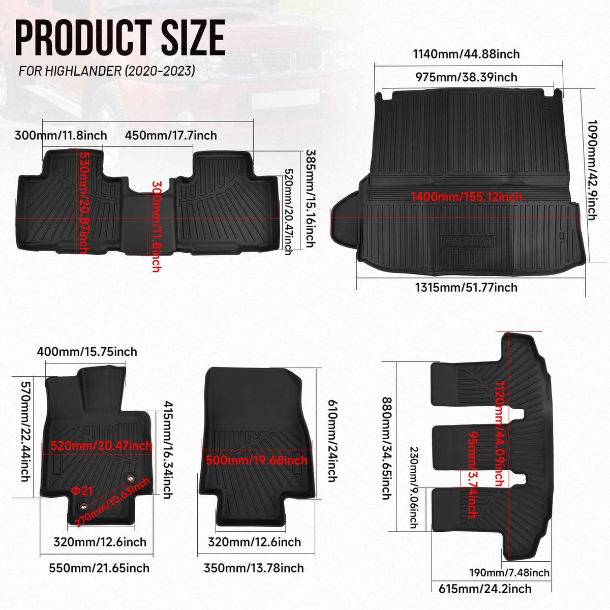 Product size chart with black floor mat shapes and measurements for Highlander