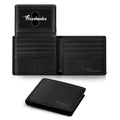 Men's black bifold leather wallet, open card slots and ID window, Travelambo logo