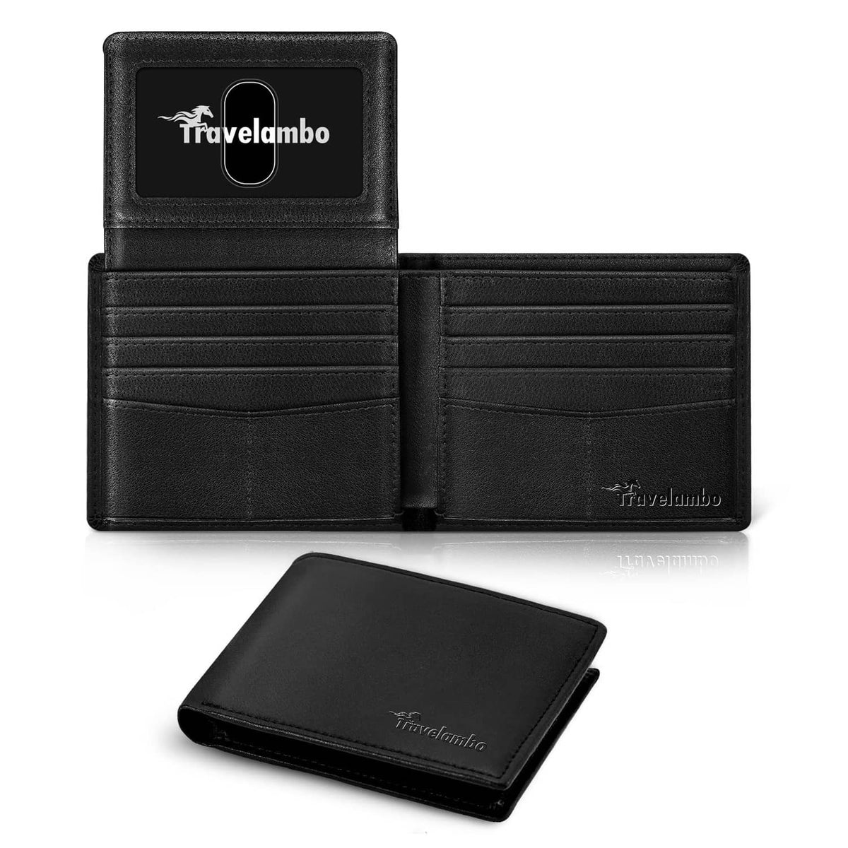 Men's black bifold leather wallet, open card slots and ID window, Travelambo logo