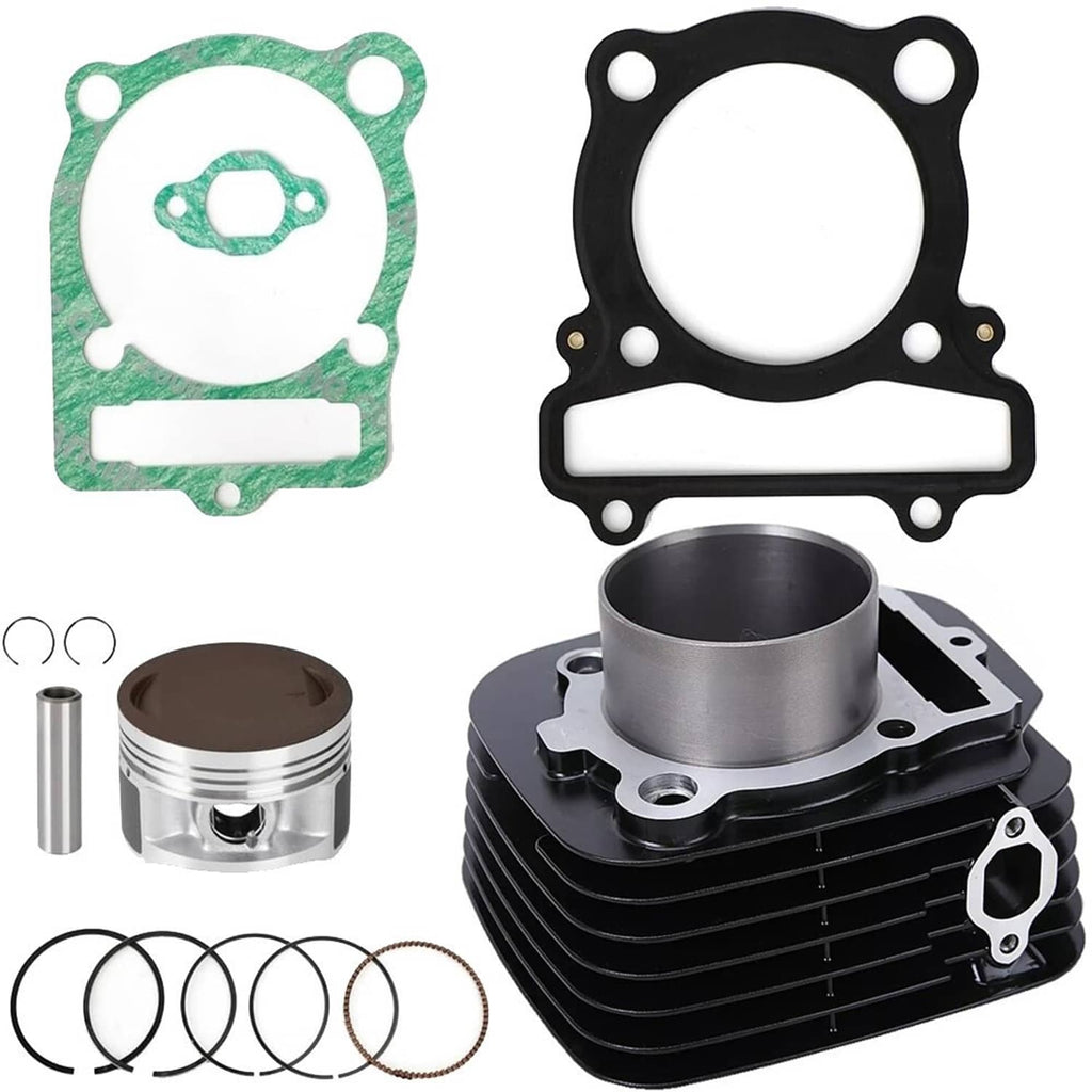 Full top end kit with black cylinder, silver piston, piston rings, and gasket set