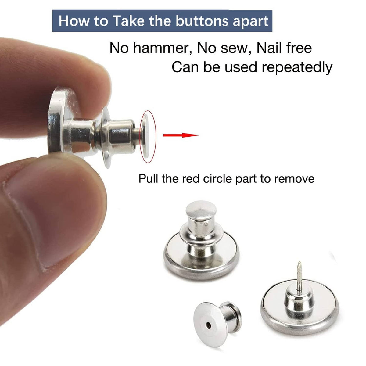Chrome snap button with removable post and base, shown taken apart for reuse