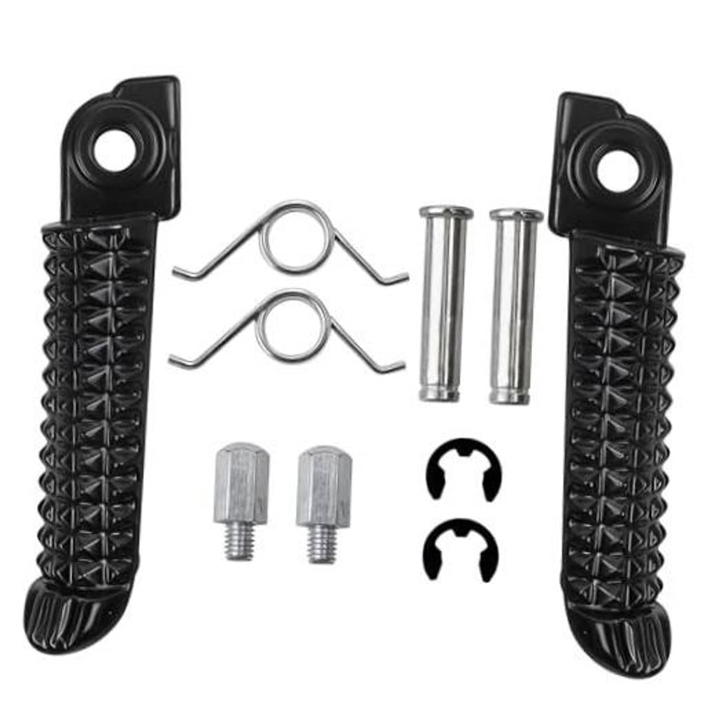 Set of two black front foot pegs with installation hardware and pins