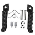 Set of two black front foot pegs with installation hardware and pins