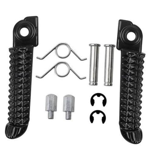 Set of two black front foot pegs with installation hardware and pins