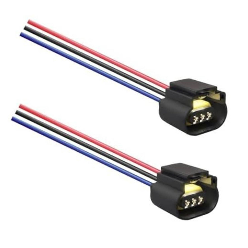 Headlight connector pigtail pair with black housings and red/blue wire leads