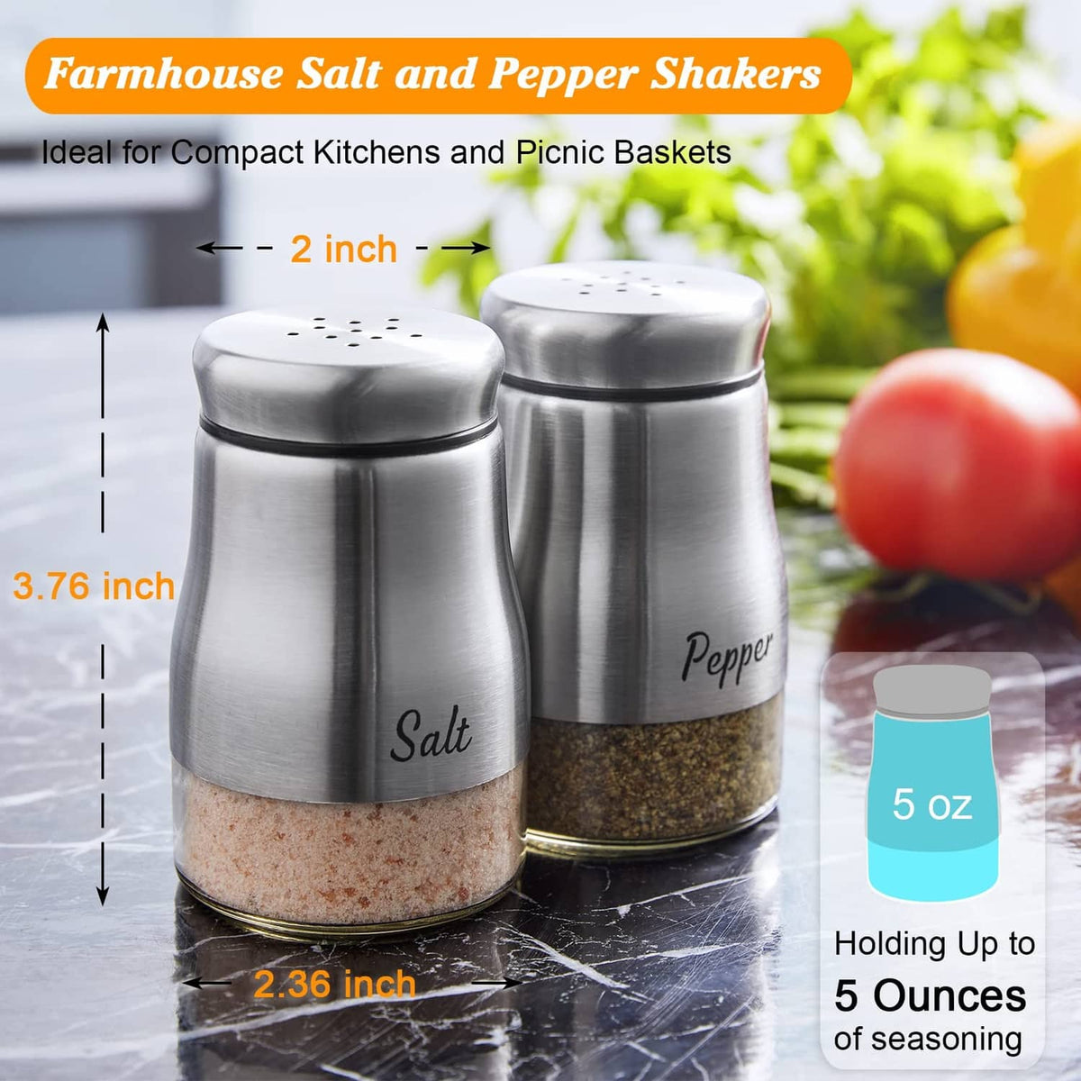 Stainless steel salt and pepper shakers with clear seasoning base and 'Salt'/'Pepper' print.