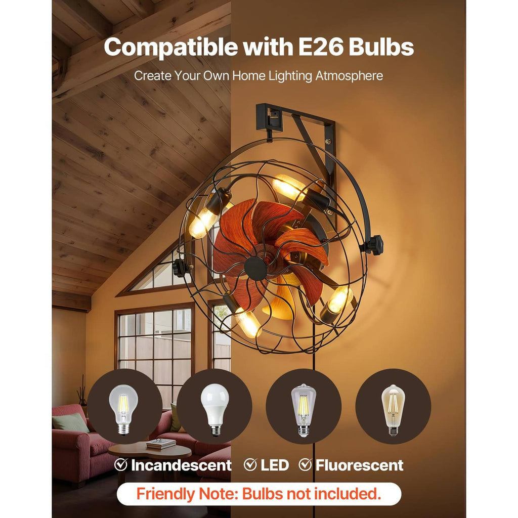 Wall-mounted fan with orange wood-look blades and 4 illuminated E26-style bulbs