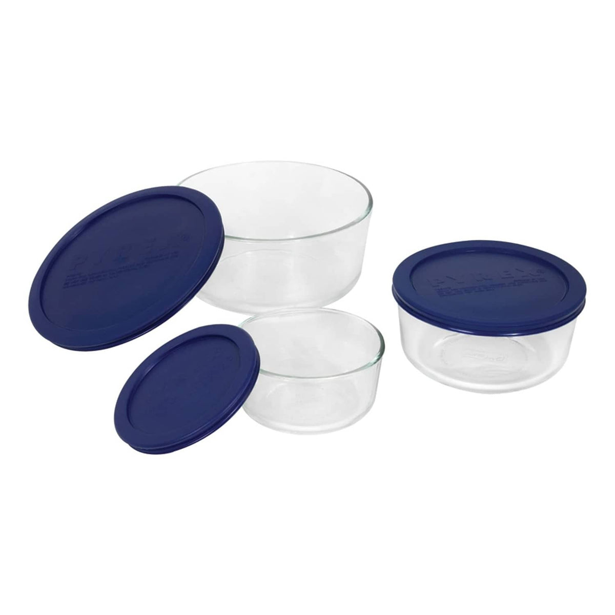 Three clear glass food storage containers with navy-blue lids, varying sizes