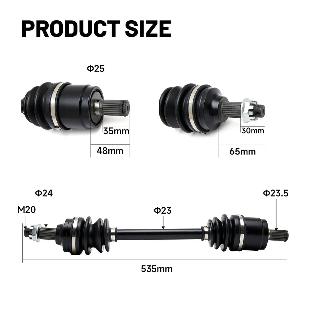 CV axle drive shaft size diagram with measurement callouts and end profiles