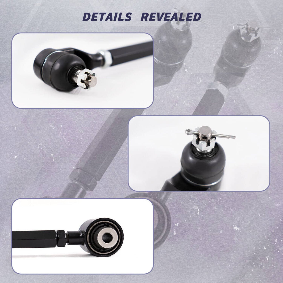 Black control arm end with rubber bushing and ball joint hardware, close-up detail