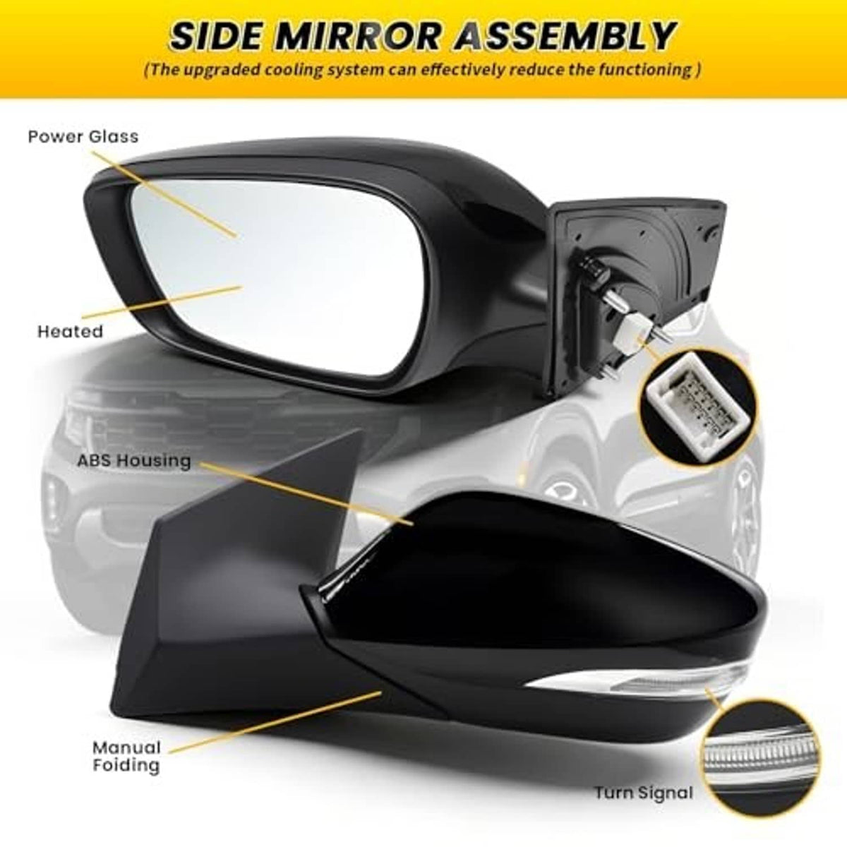 Left driver-side heated power mirror assembly diagram with ABS housing and turn signal.