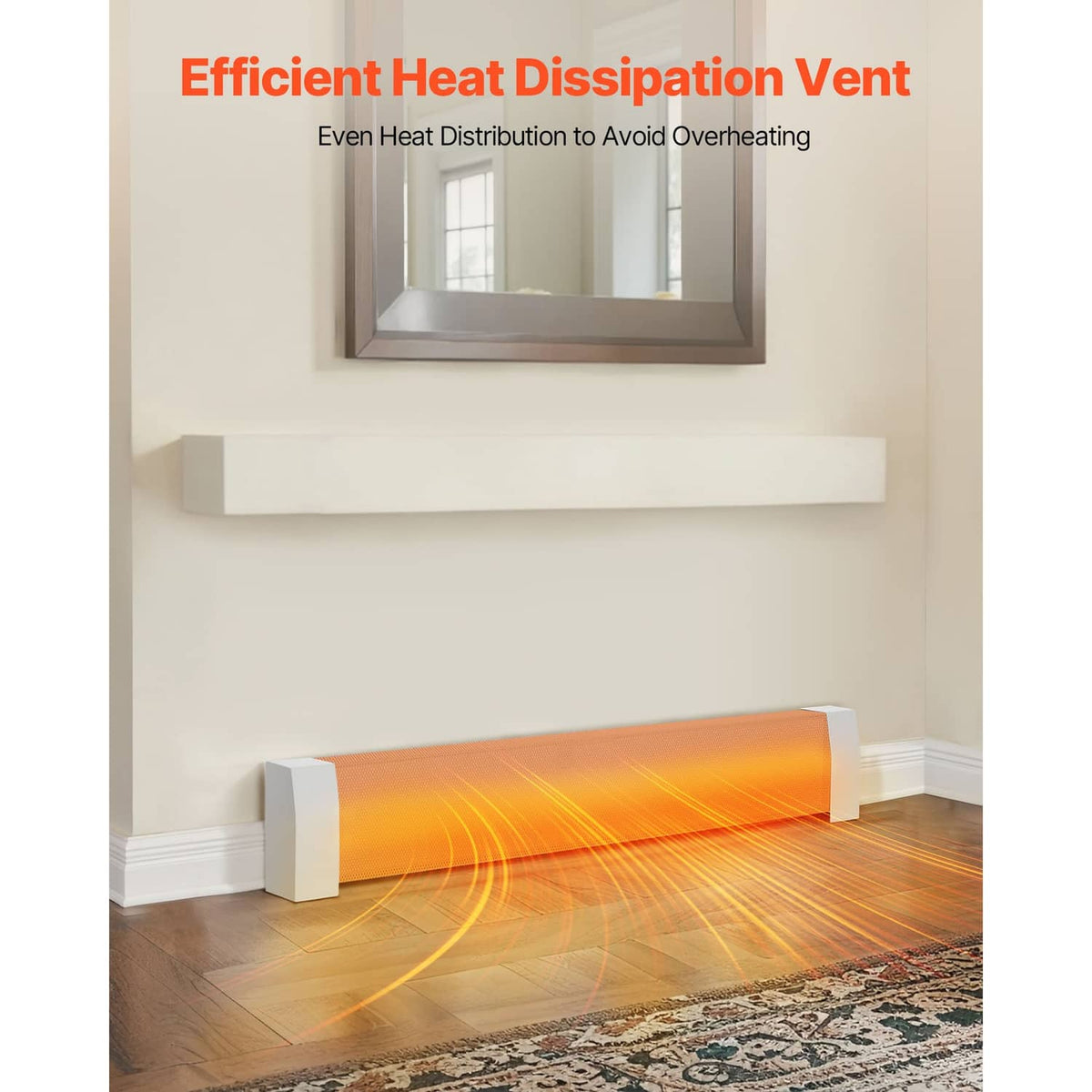 White baseboard heater cover mounted under a window with vented front grille