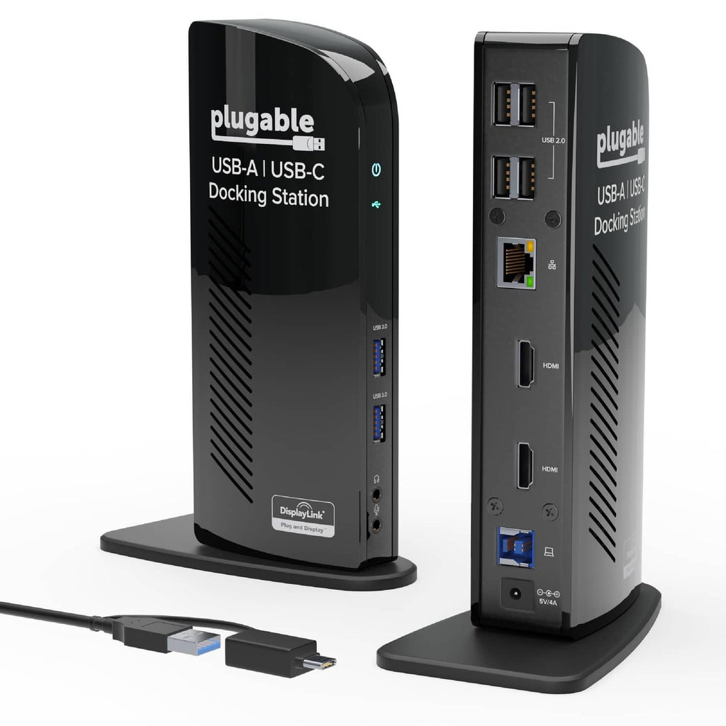 Black Plugable USB-A and USB-C docking station with side USB ports and vents