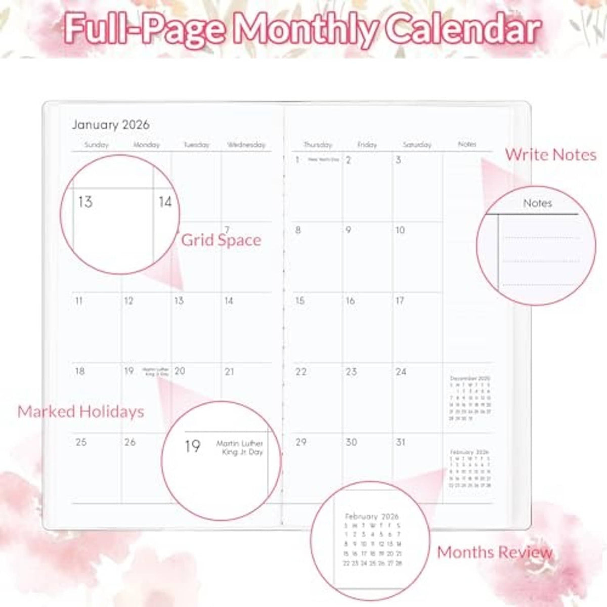 Pocket calendar monthly view with marked holidays and write-notes grid dates