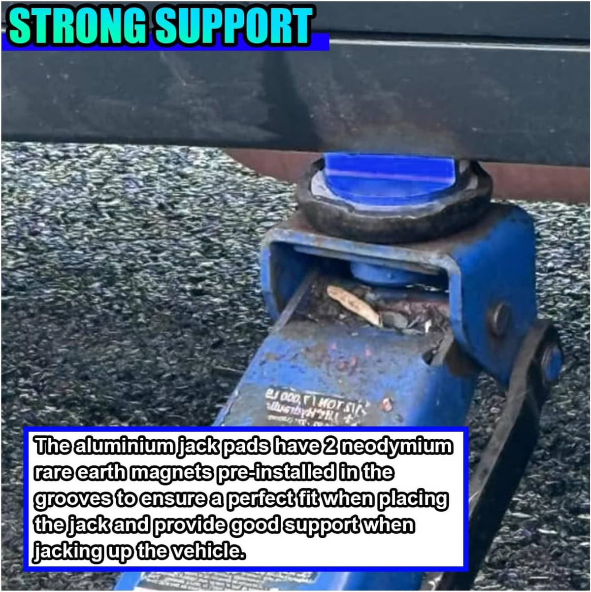 Blue magnetic jack pad with slotted fork clips on a jack under a vehicle frame