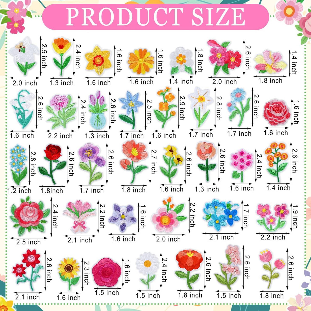 Sheet of assorted mini flower iron-on patches with size labels in inches