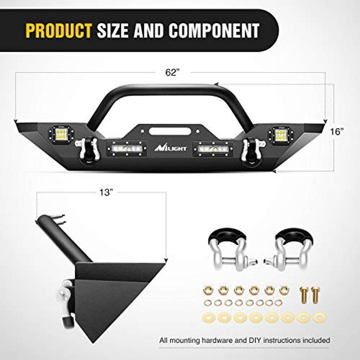 Black front bumper assembly with curved grille guard, LED light bar, and included parts