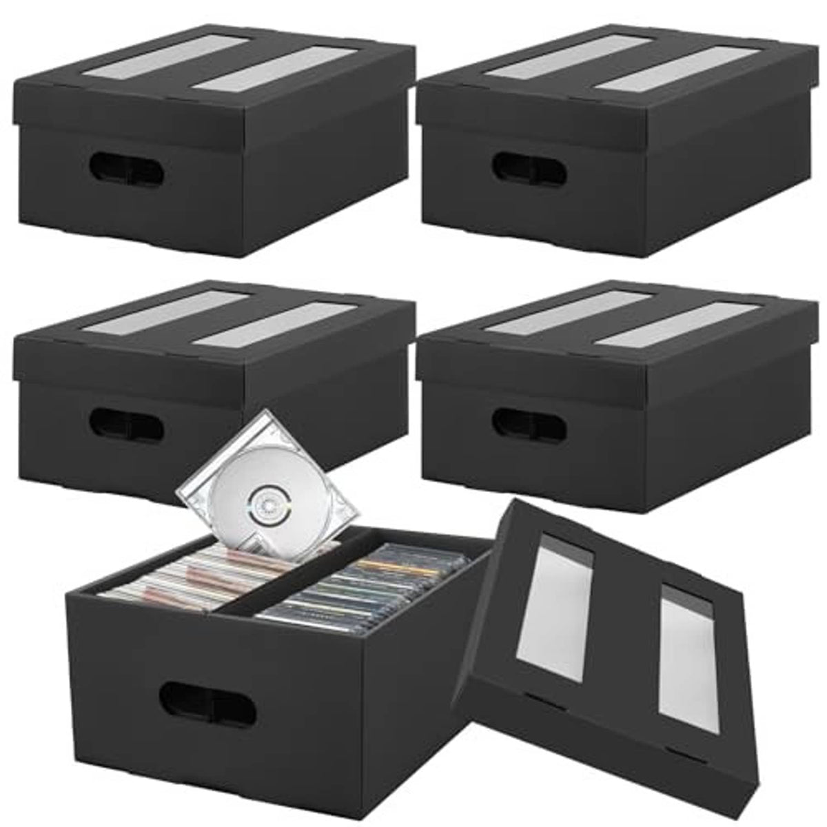 Black 2-compartment CD storage boxes, four units with carry handle openings.