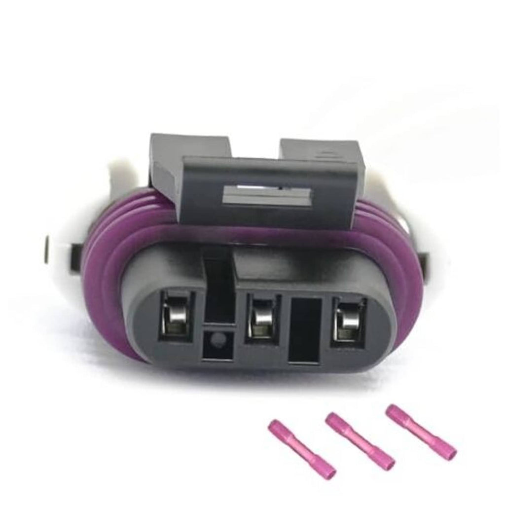 3-pin camshaft sensor wiring harness pigtail connector with purple insulated wires