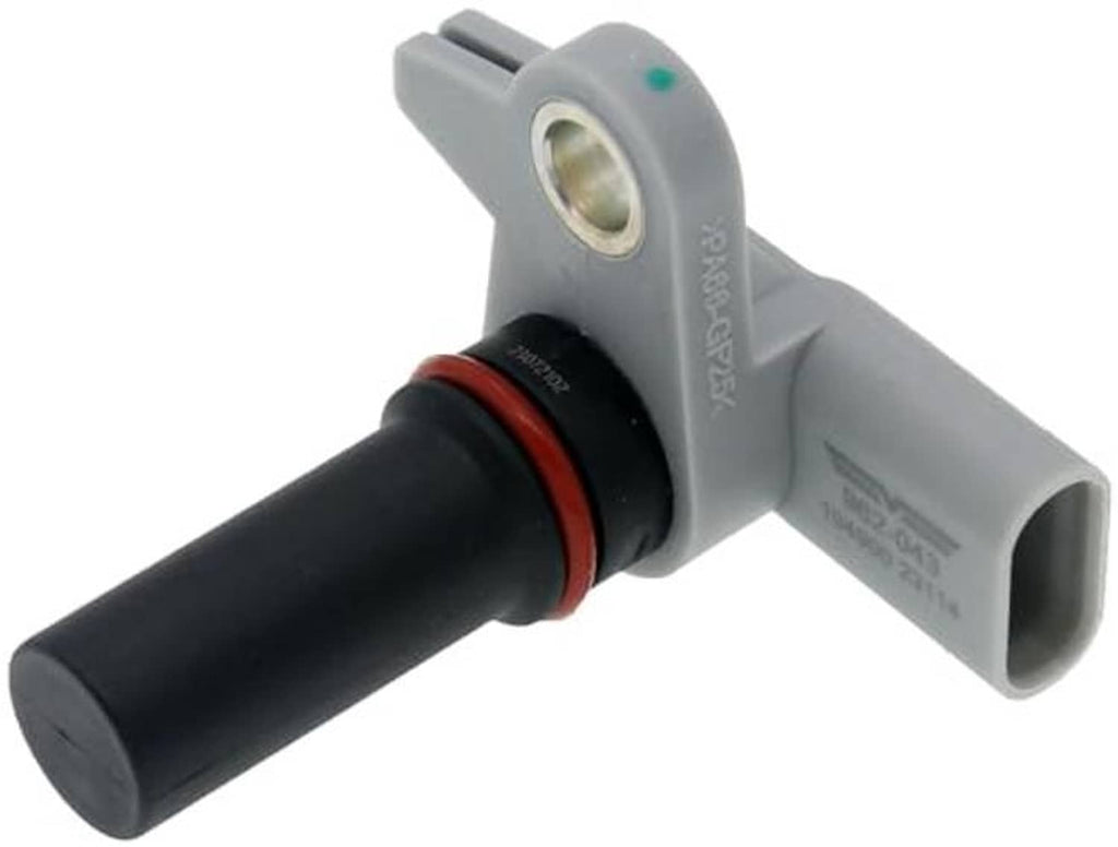 Engine camshaft position sensor with gray angled connector, metal pin, black body