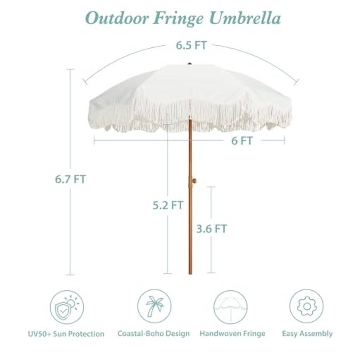 Diagram of outdoor fringe umbrella with white canopy and fringe, 6.5 ft width.