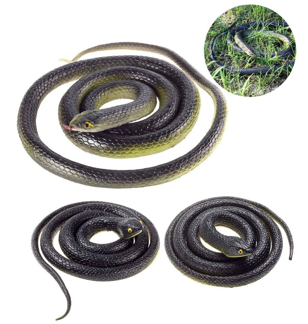 Three rubber snakes with dark textured scales and yellow eye accents, coiled together.