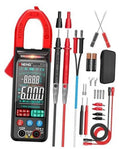Red clamp multimeter tester with digital LCD screen and test probes accessory kit