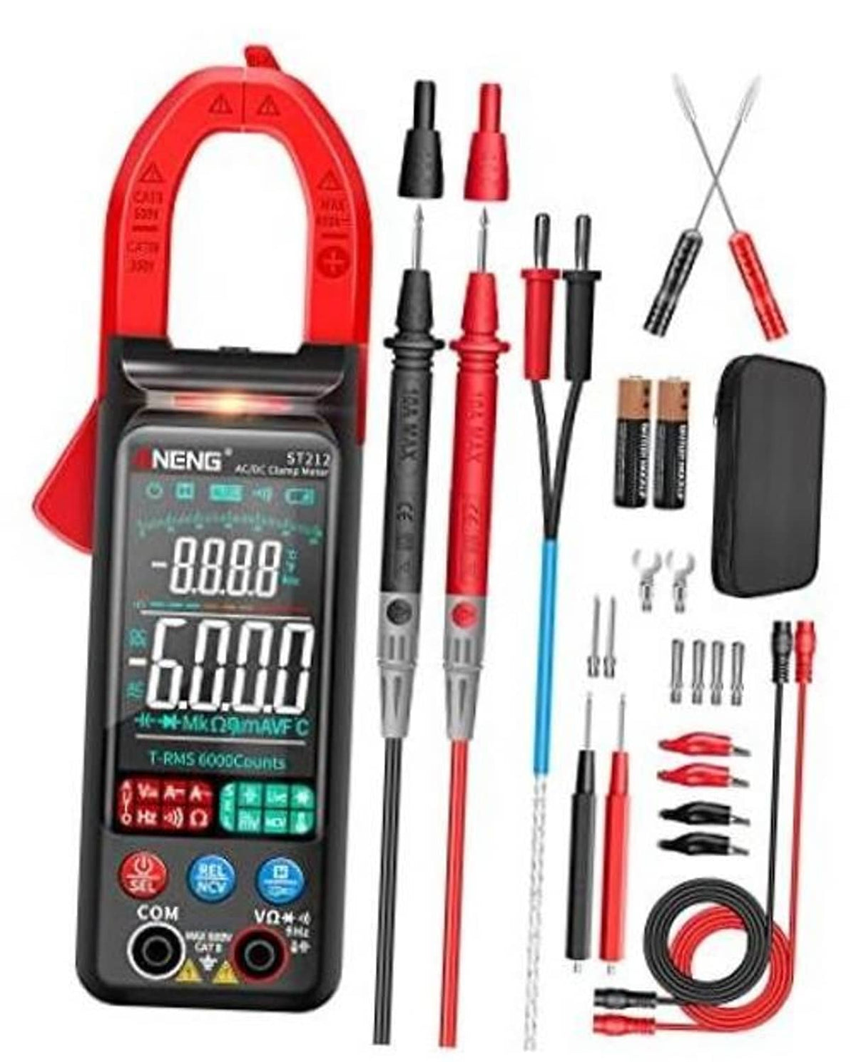 Red clamp multimeter tester with digital LCD screen and test probes accessory kit