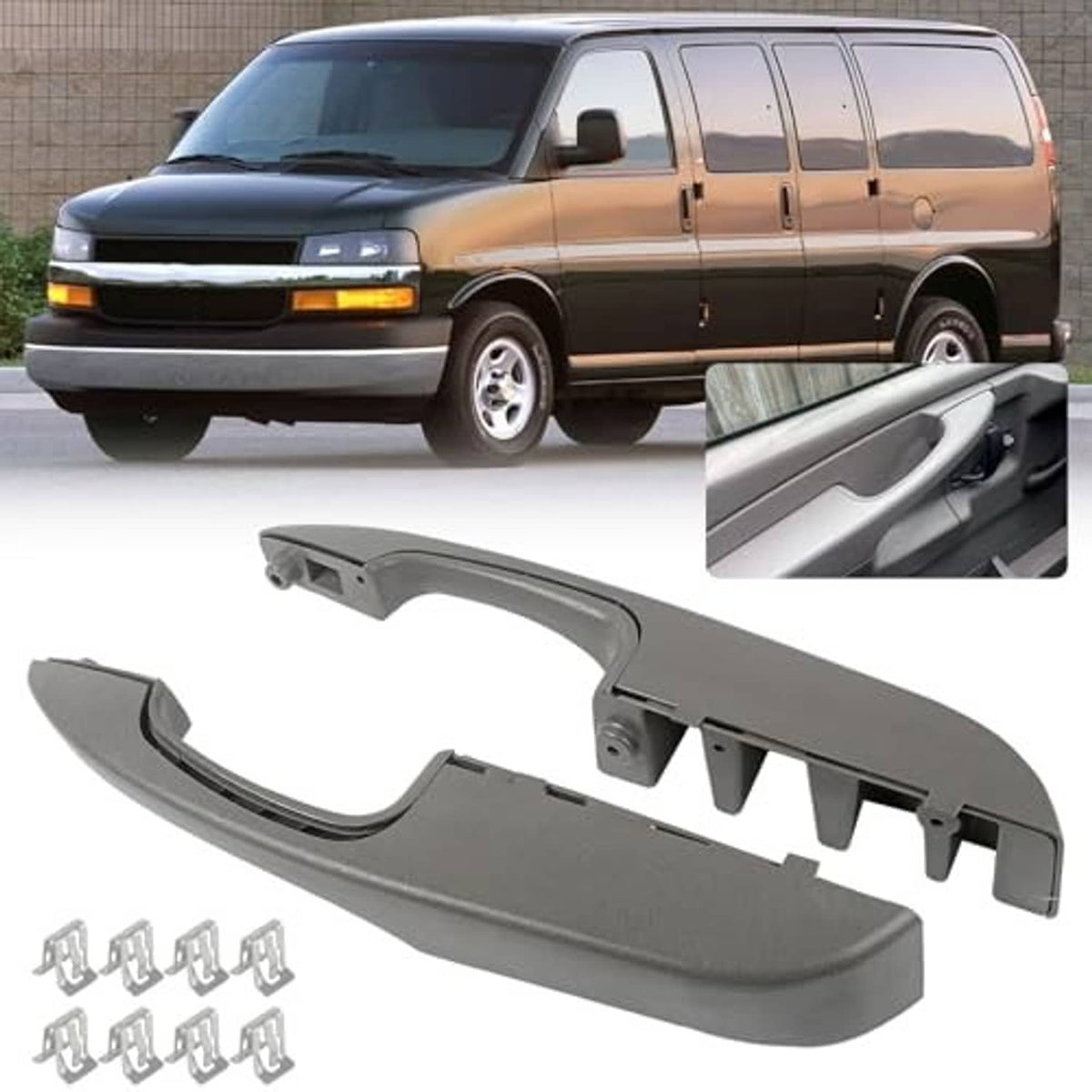 Gray interior door pull handle armrest pair with textured pull slot and mounts