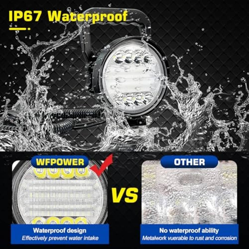 Round magnetic LED work light shown with water splash on the lens