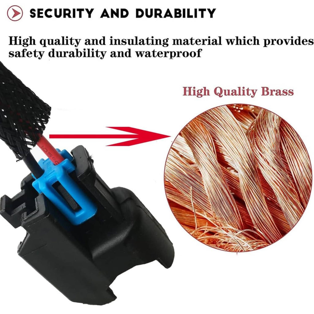 Fuel injector harness adapter pigtail with black connector, blue latch, and braided wire