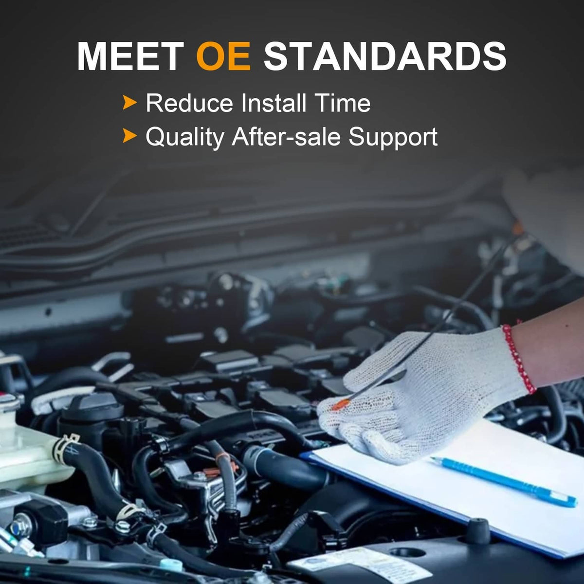 Automotive technician in gloves using tools in engine bay