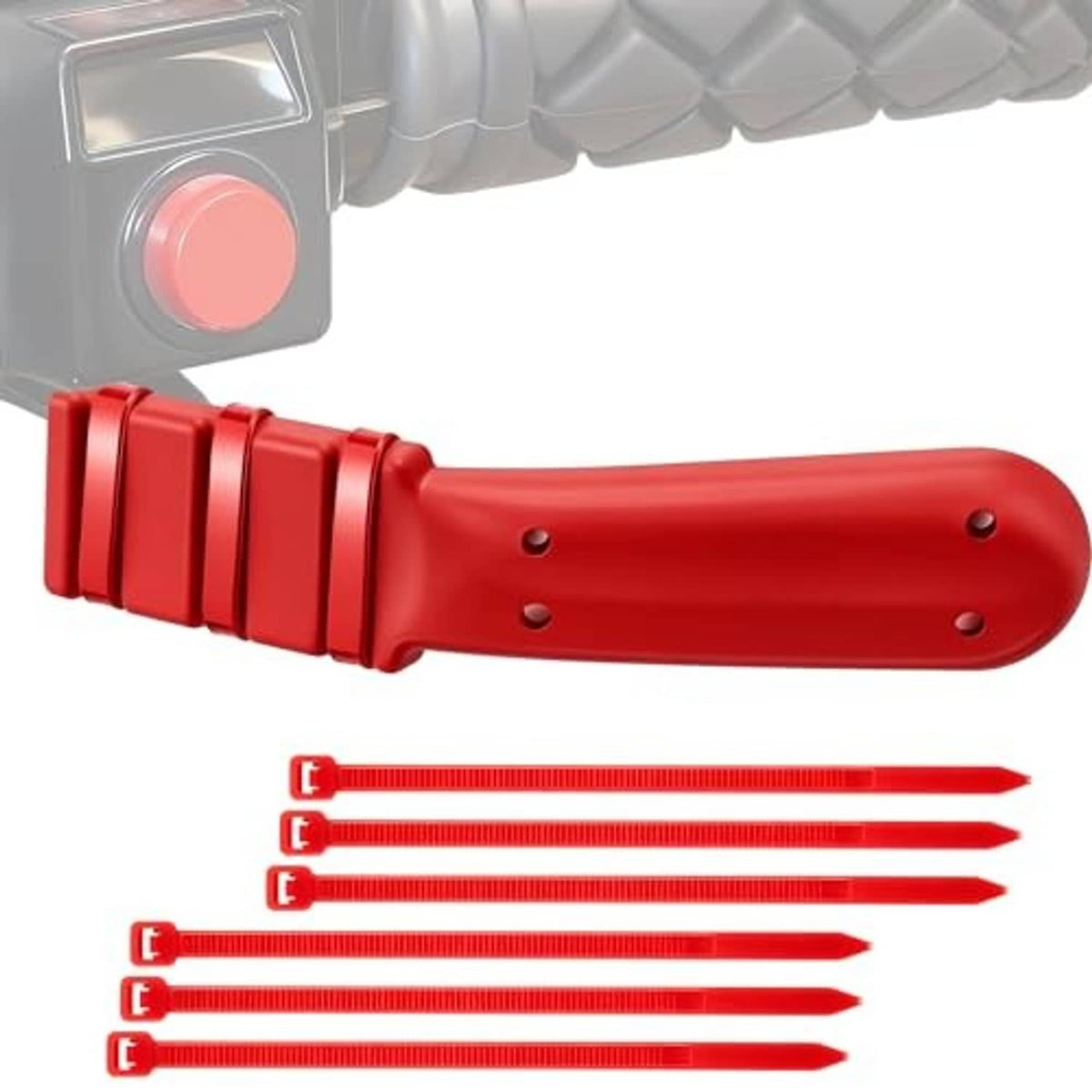 Red ATV thumb throttle extender bar with ridged grip and included red zip ties