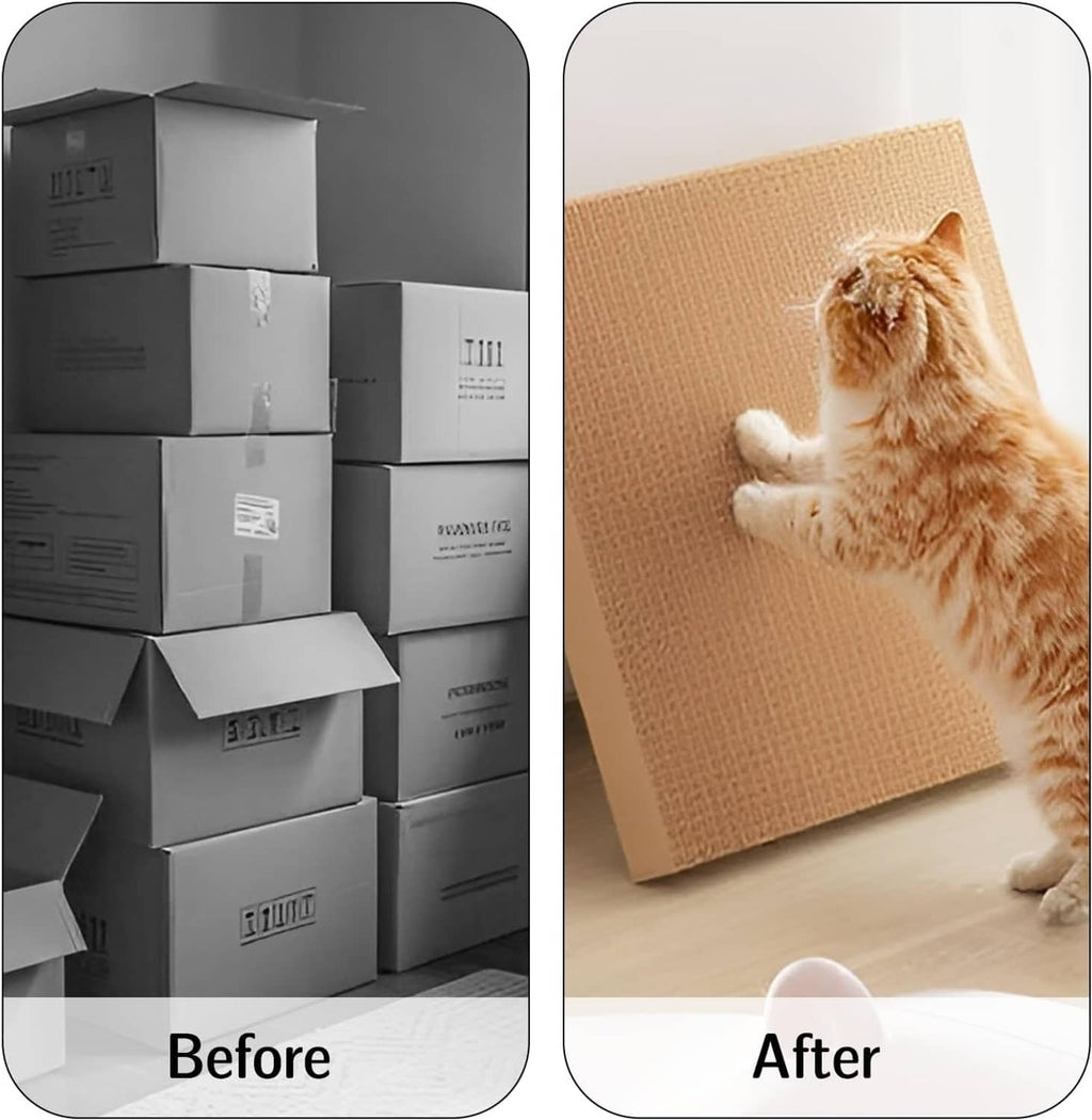 Cat scratch cardboard cut into strips on a corrugated board after using a cutter