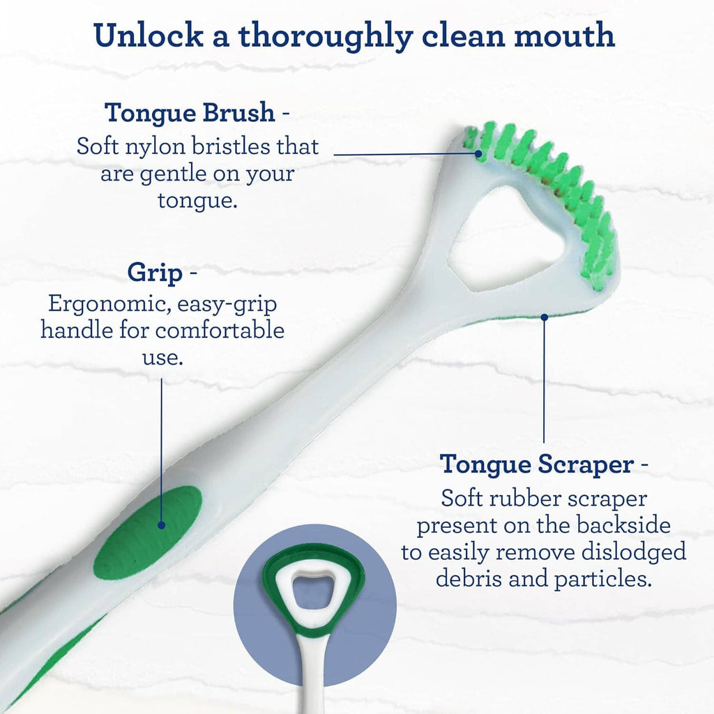 Dual action tongue scraper and soft brush with blue handle and scraper pad detail.