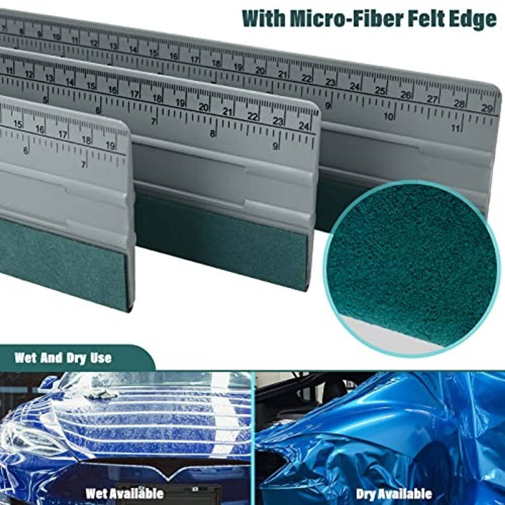 Vinyl squeegee with micro-felt edge and gray ruler, close-up of textured felt.