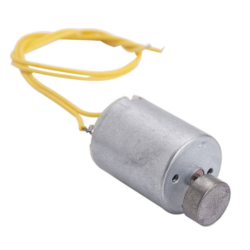 DC vibration motor with silver cylinder housing and yellow power wires