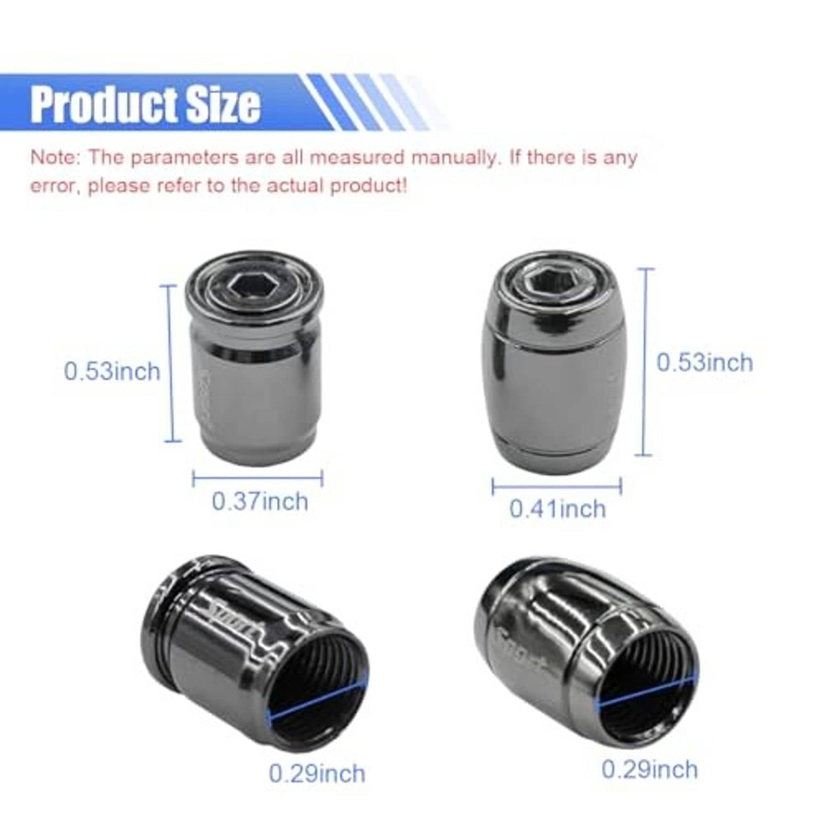 Tire valve stem caps with anti-theft locking cores, shown upright and angled