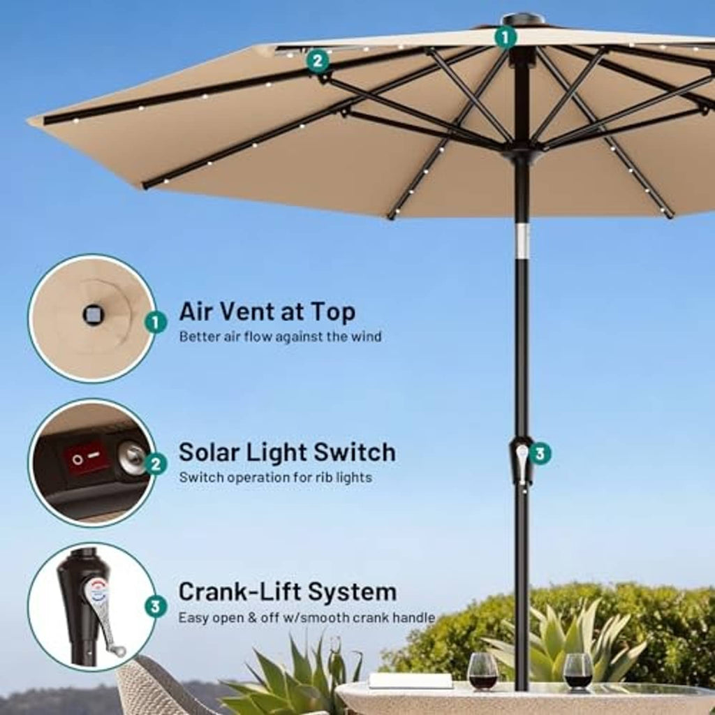 Beige patio umbrella with solar light strips along canopy ribs