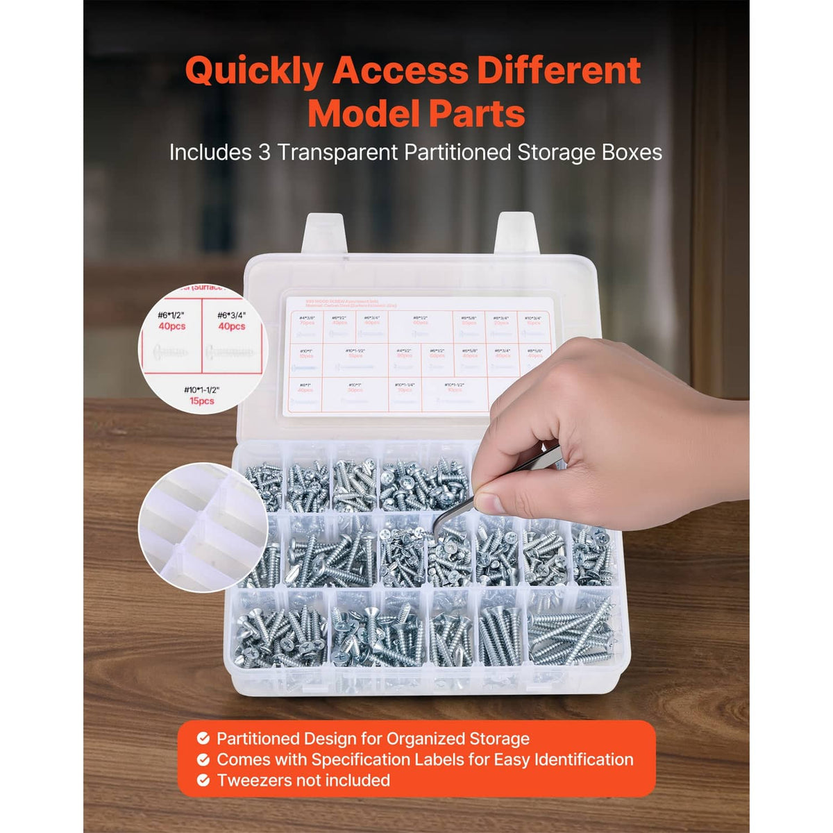 Clear storage case with compartments holding assorted bolts and nuts, open for access
