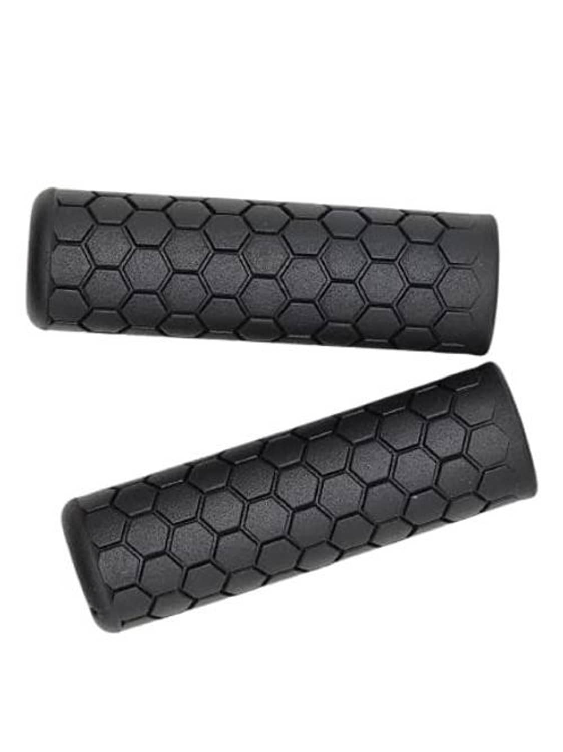 Black hexagon-pattern bike handlebar grips, textured non-slip rubber, two-piece set