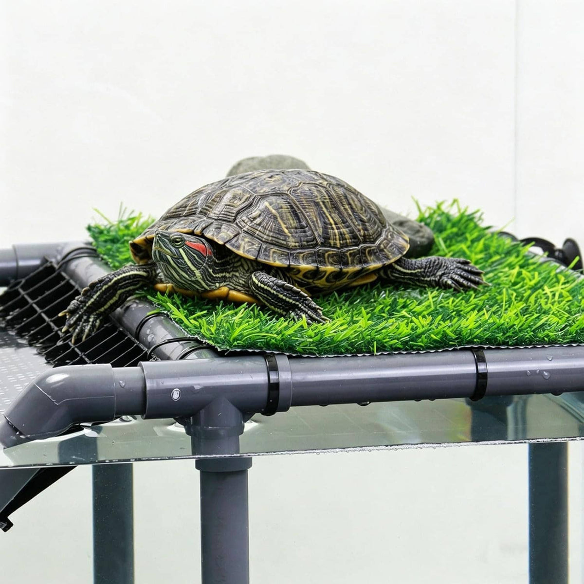 Extra-large turtle basking platform with artificial grass, black mesh grate, and resting turtle