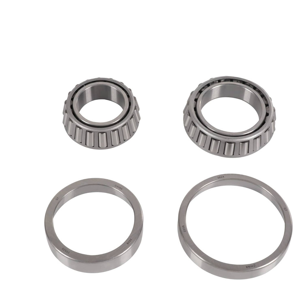 Trailer bearing kit: two bearings shown from multiple angles with visible roller elements
