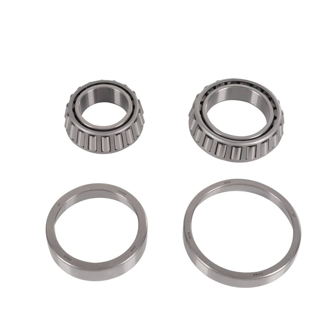 Trailer bearing kit: two bearings shown from multiple angles with visible roller elements